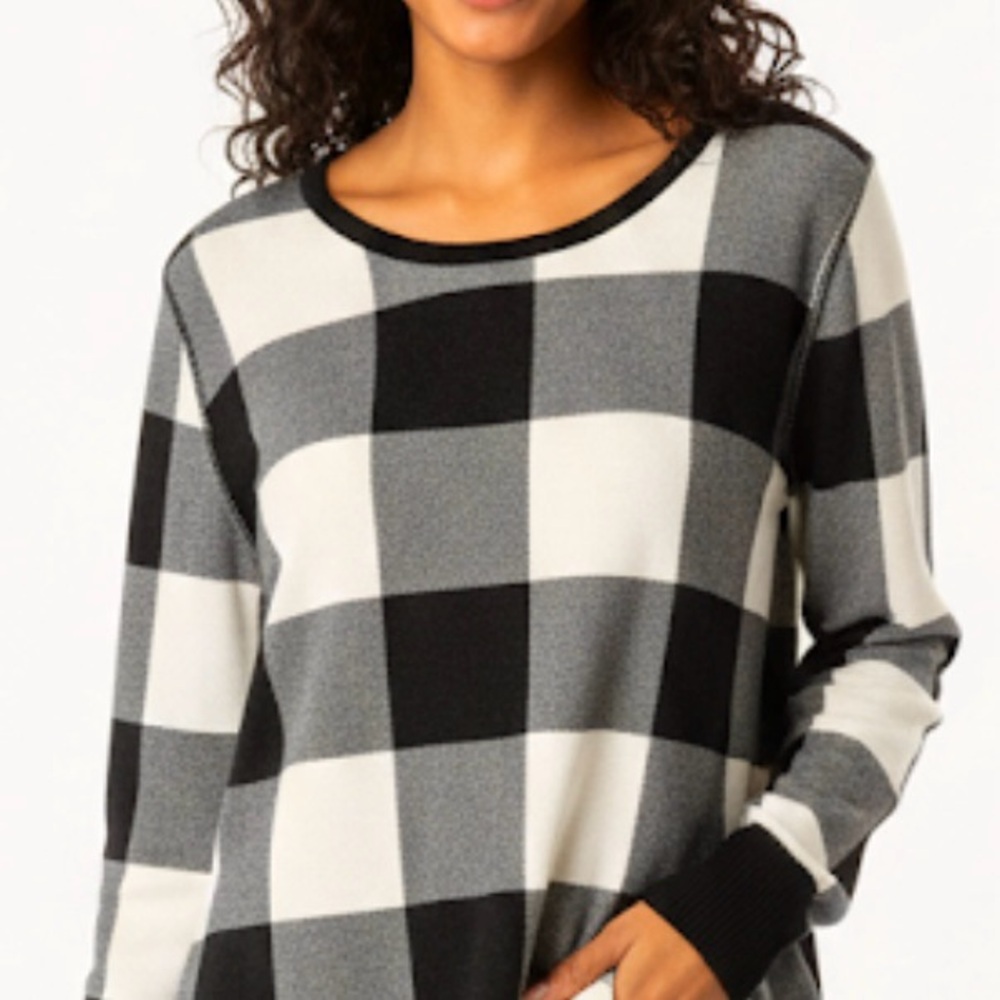 Old Navy Sweater Buffalo Plaid Checkered Crewneck Black Ivory M Business Casual